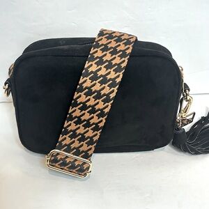 Ah-dorned Black Faux Suede Leather Zip Top Crossbody Houndstooth Strap Bag